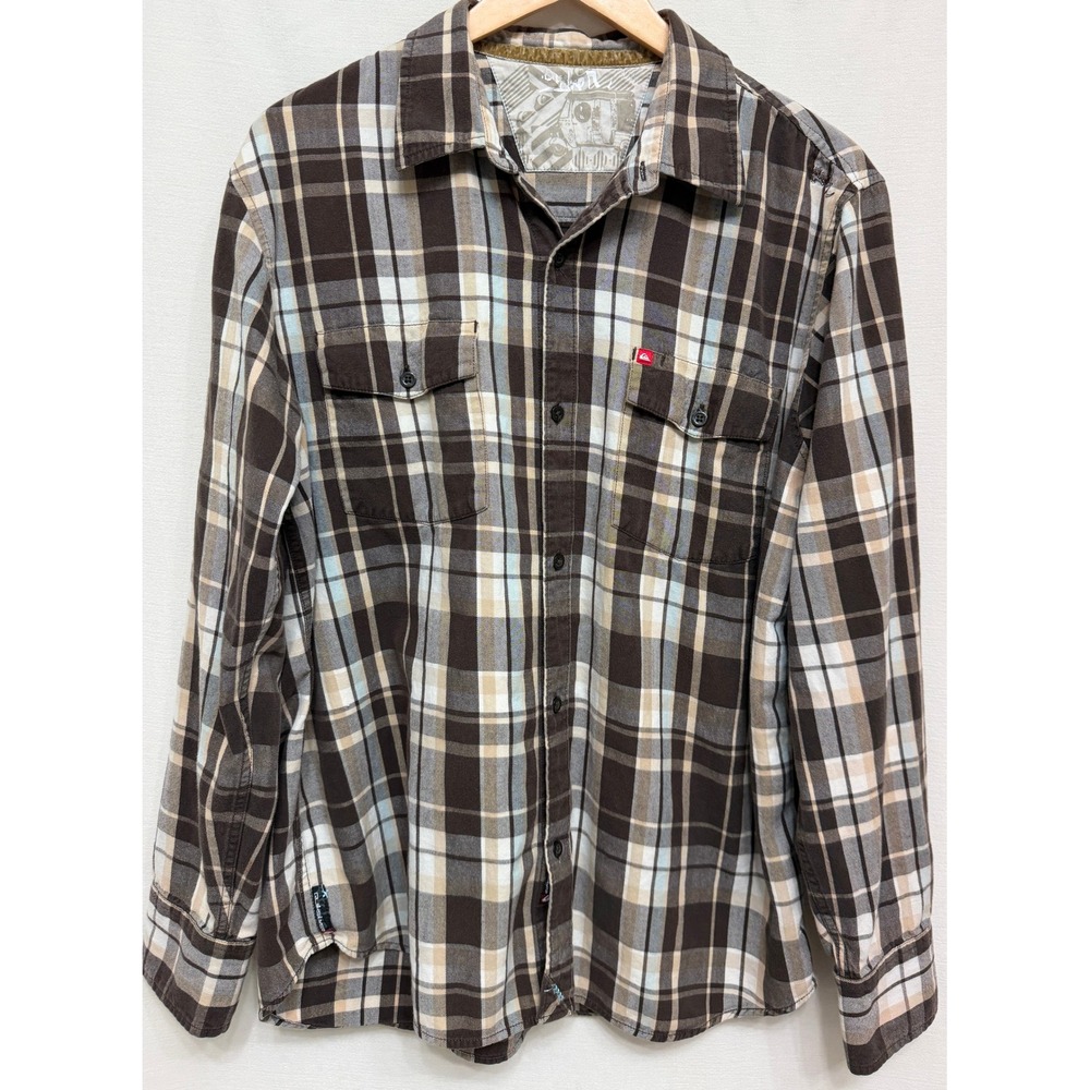 Quiksilver Men's Plaid Flannel Button Down Shirt Brown Blue Size Large L
